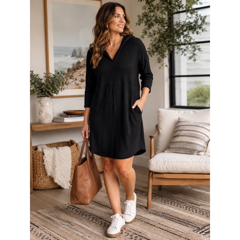 Pure Jill Hoodie Dress Womens Medium Black Excellent Cotton Cashmere Knit Pocket